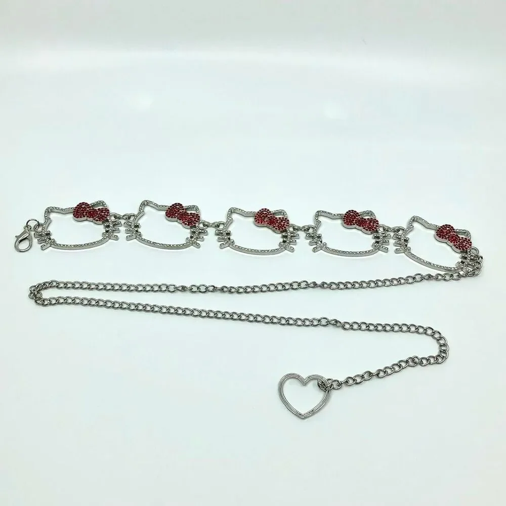 Y2K Kawaii Rhinestone Hello Kitty Chain Belt, Fits 13–37.5 Inches, X7GA1219